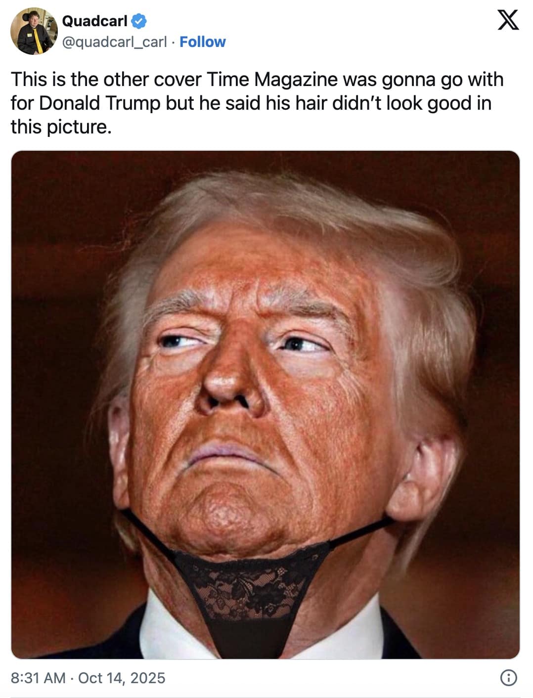 A wild Trump Time Magazine photo meme edit where a thong is photoshopped onto his chin.