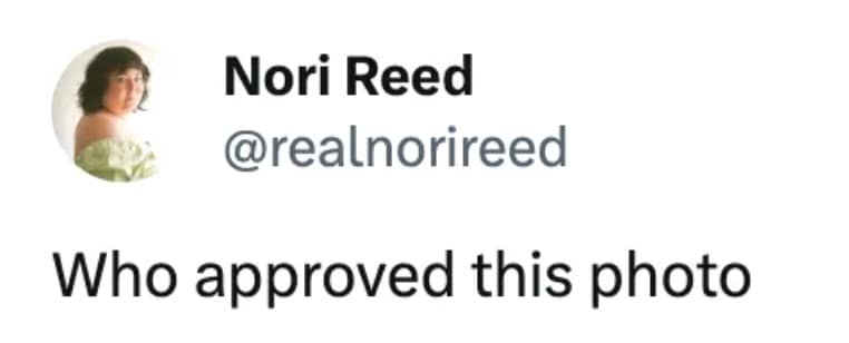 A simple, relatable tweet asking "Who approved this photo" about the Trump Time Magazine cover.