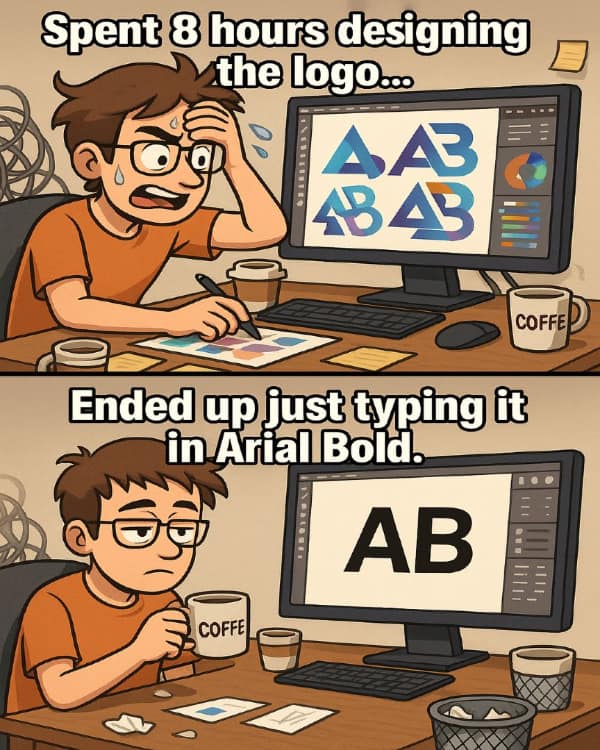 A relatable cartoon for graphic designers about giving up on a complex logo and just using a simple, bold font.