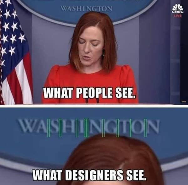 A niche graphic design meme that points out the terrible letter spacing (kerning) in the White House press room sign.