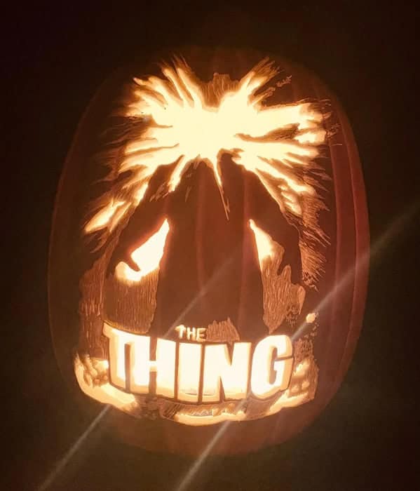 An amazing pumpkin carving recreating the iconic movie poster for John Carpenter's 'The Thing'.