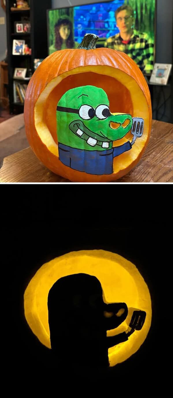 An amazing pumpkin carving of the Hash-Slinging Slasher from SpongeBob SquarePants, complete with paint