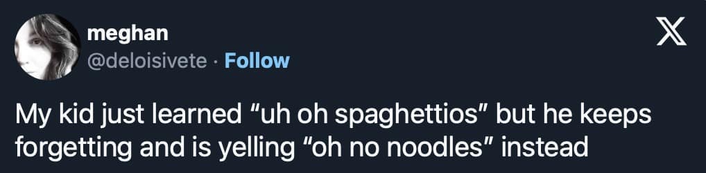 A tweet about a toddler who adorably misremembers the catchphrase "uh oh spaghettios" as "oh no noodles."