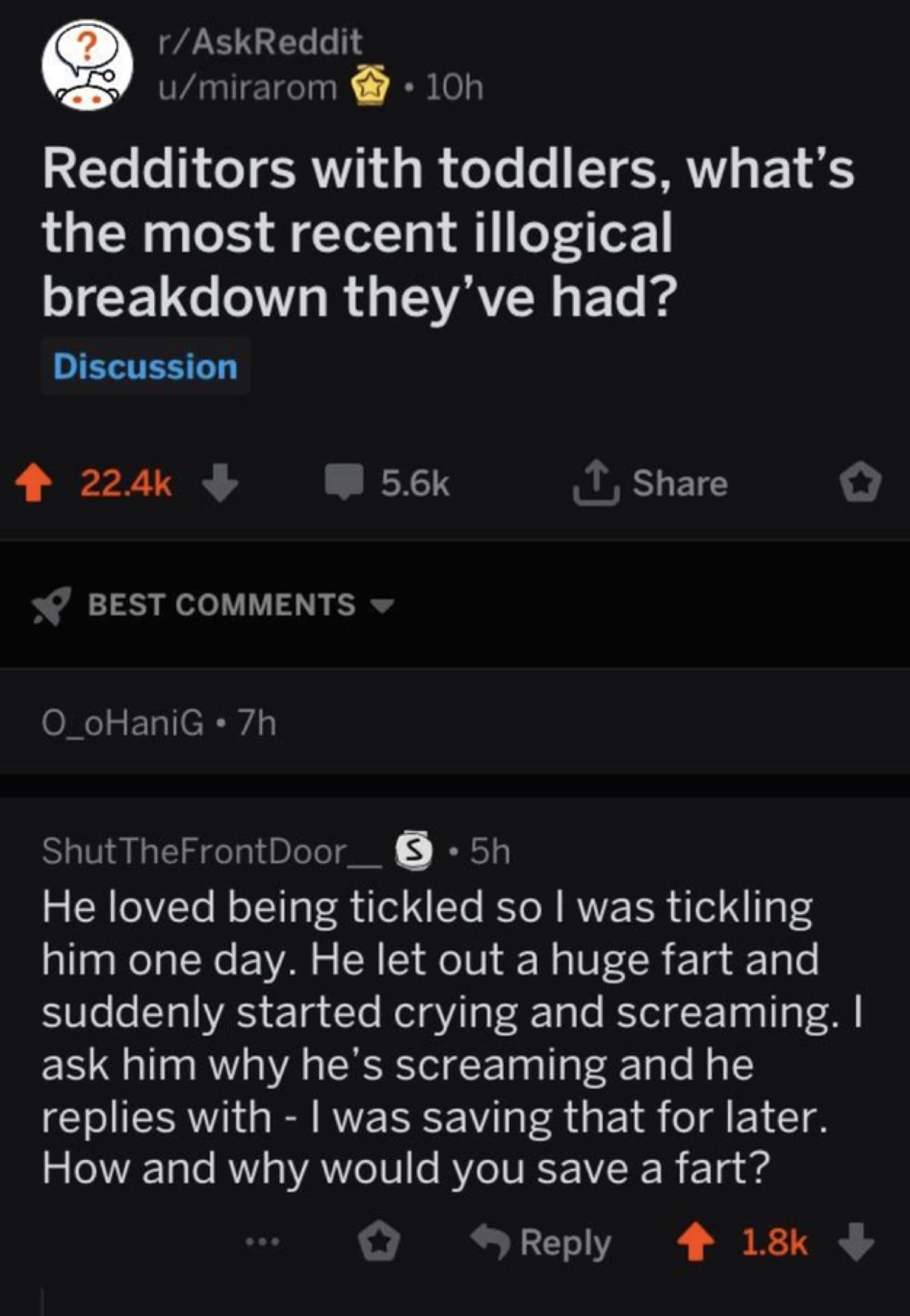 A Reddit comment about a toddler having a complete meltdown over an accidental fart.