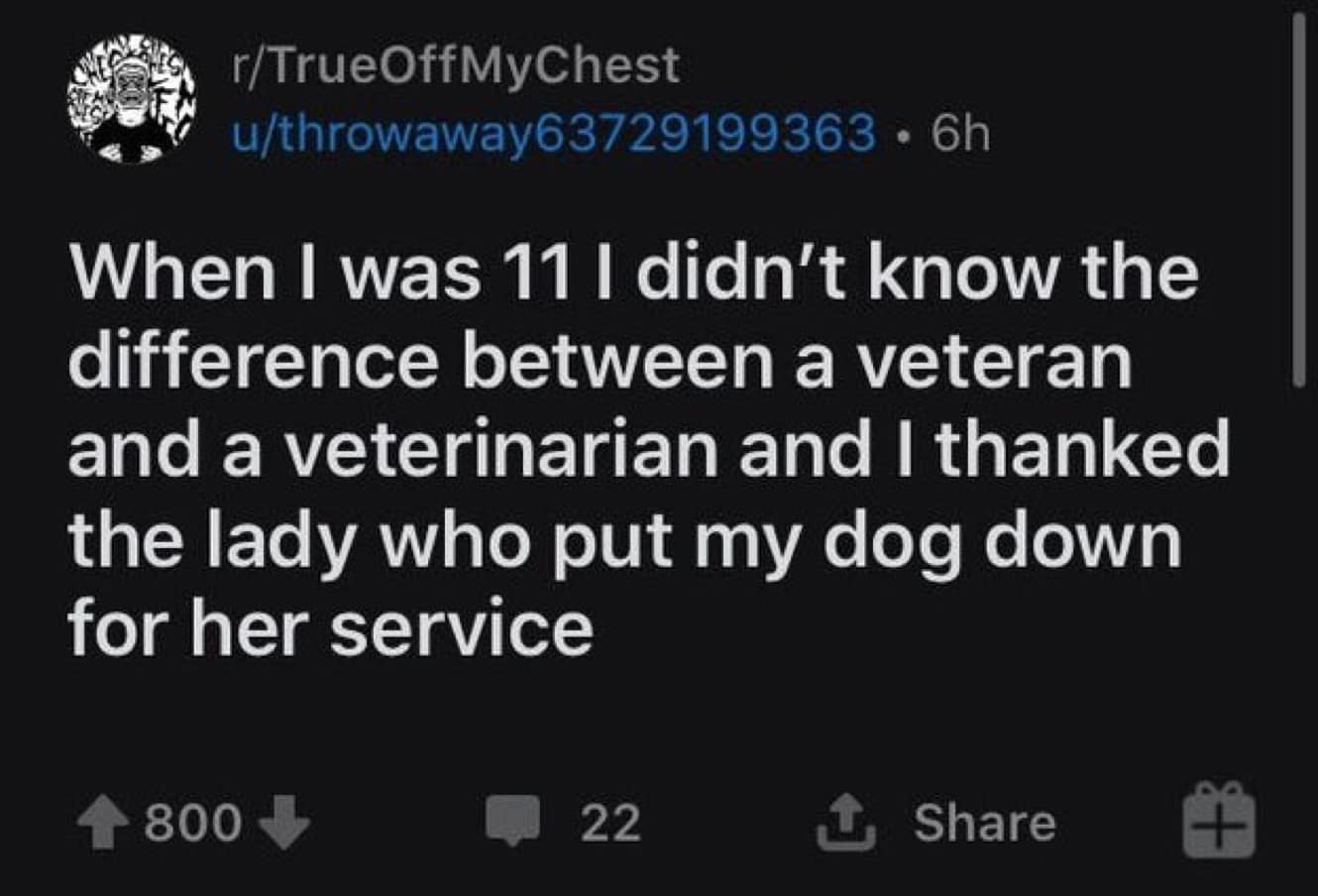 A Reddit post from someone who confused the words "veteran" and "veterinarian" as a child.