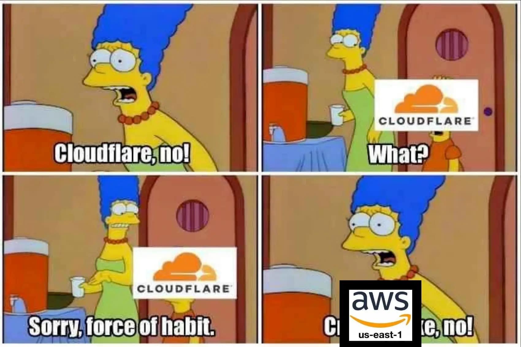 A Simpsons AWS outage meme showing Marge yelling at Cloudflare out of habit before blaming AWS US-EAST-1