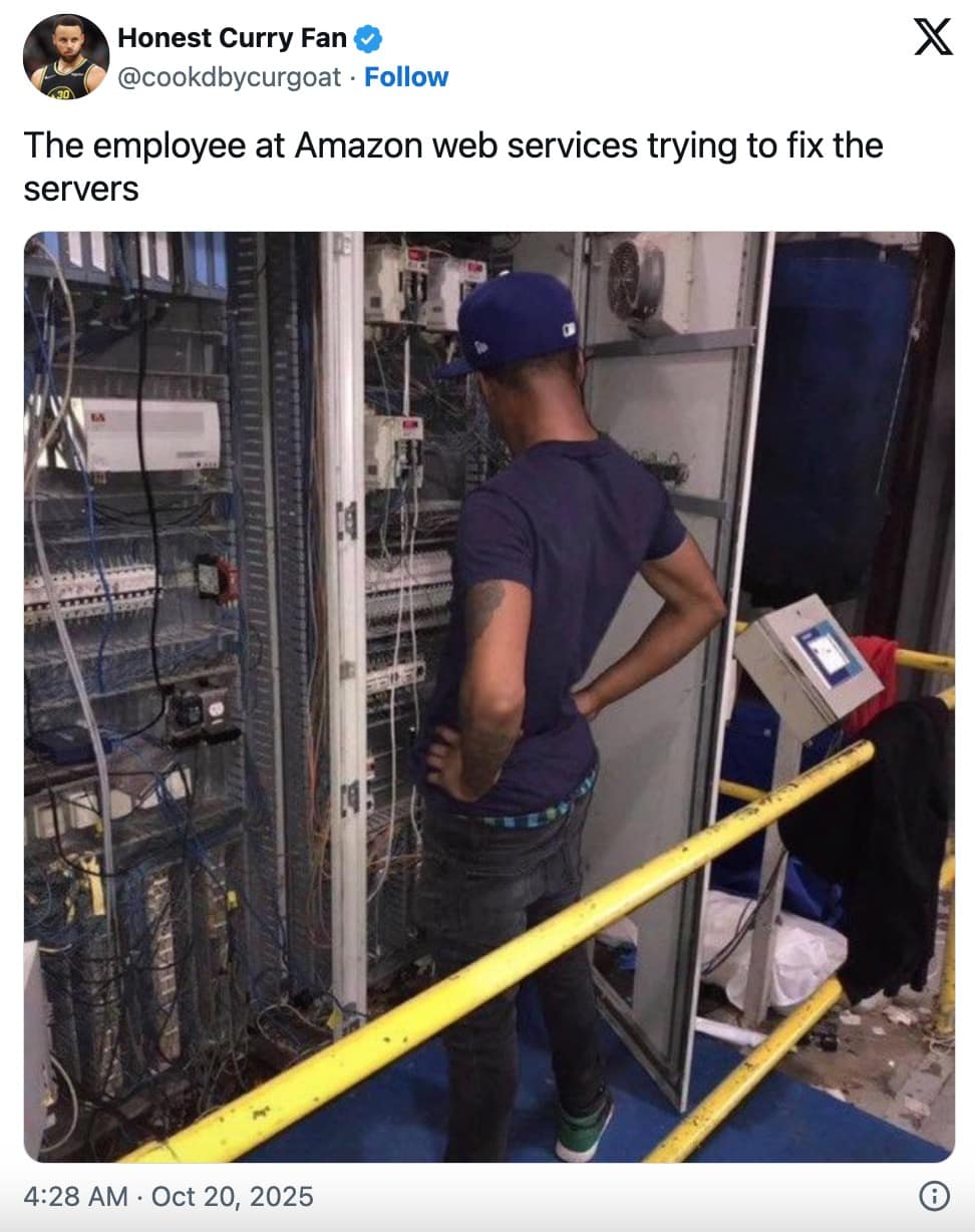 An AWS outage meme showing a confused employee looking at a messy server rack trying to fix it