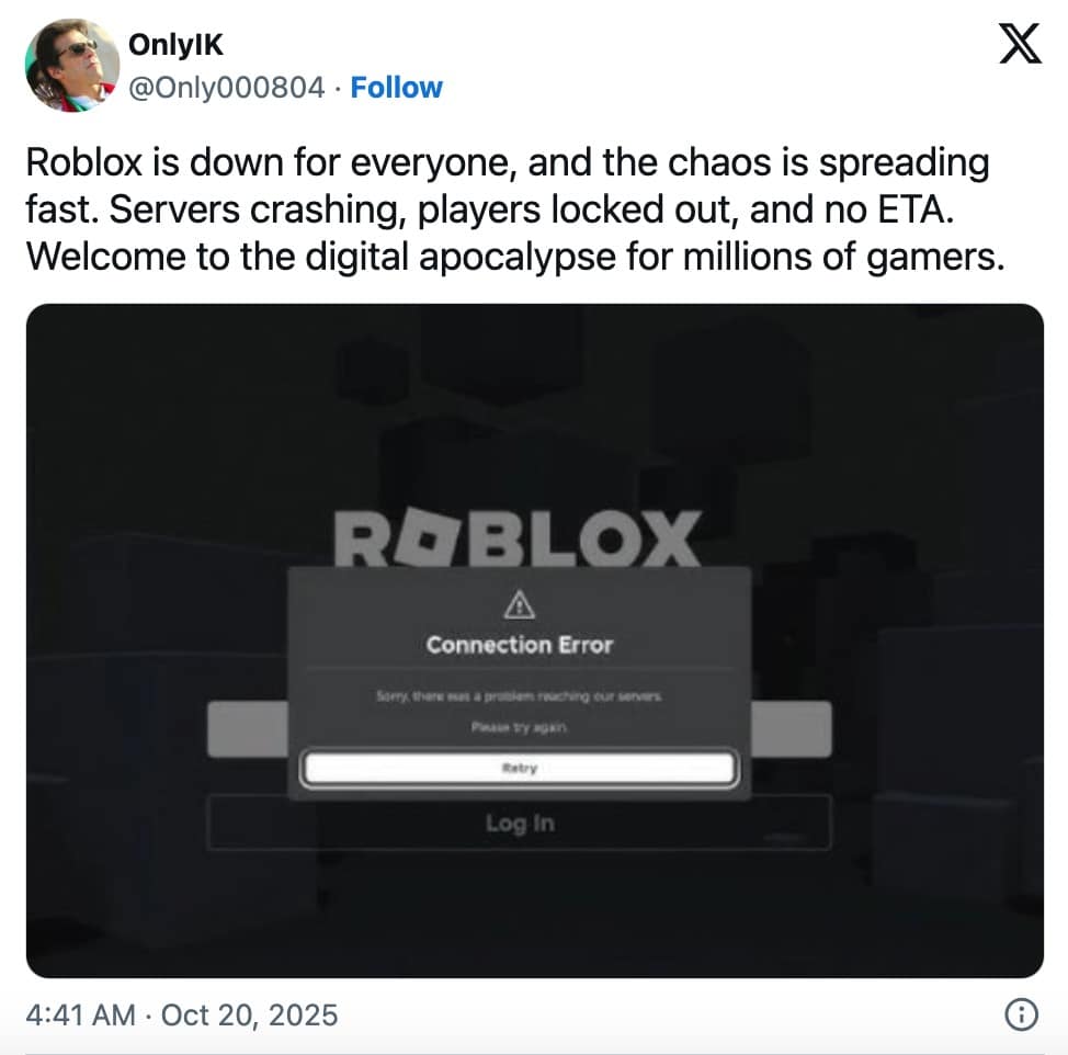 An AWS outage meme showing a Roblox connection error screen, calling it a digital apocalypse for gamers.