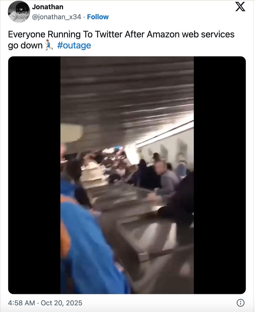 An AWS outage meme using a GIF of people rushing down an escalator to represent running to Twitter