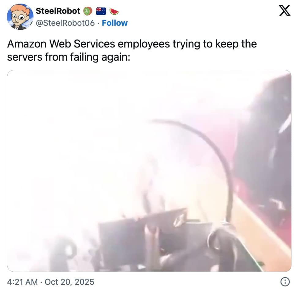 A funny AWS outage meme using a GIF of frantic welding to show employees trying to fix servers.