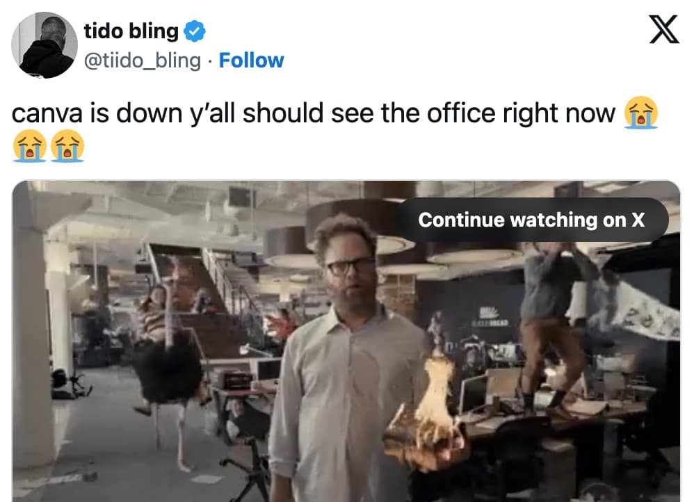 An AWS outage meme using a chaotic office scene to show the impact of Canva being down