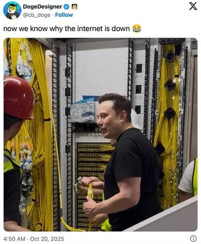 Elon Musk unplugging server cables, used as an AWS outage meme joking he caused the internet downtime