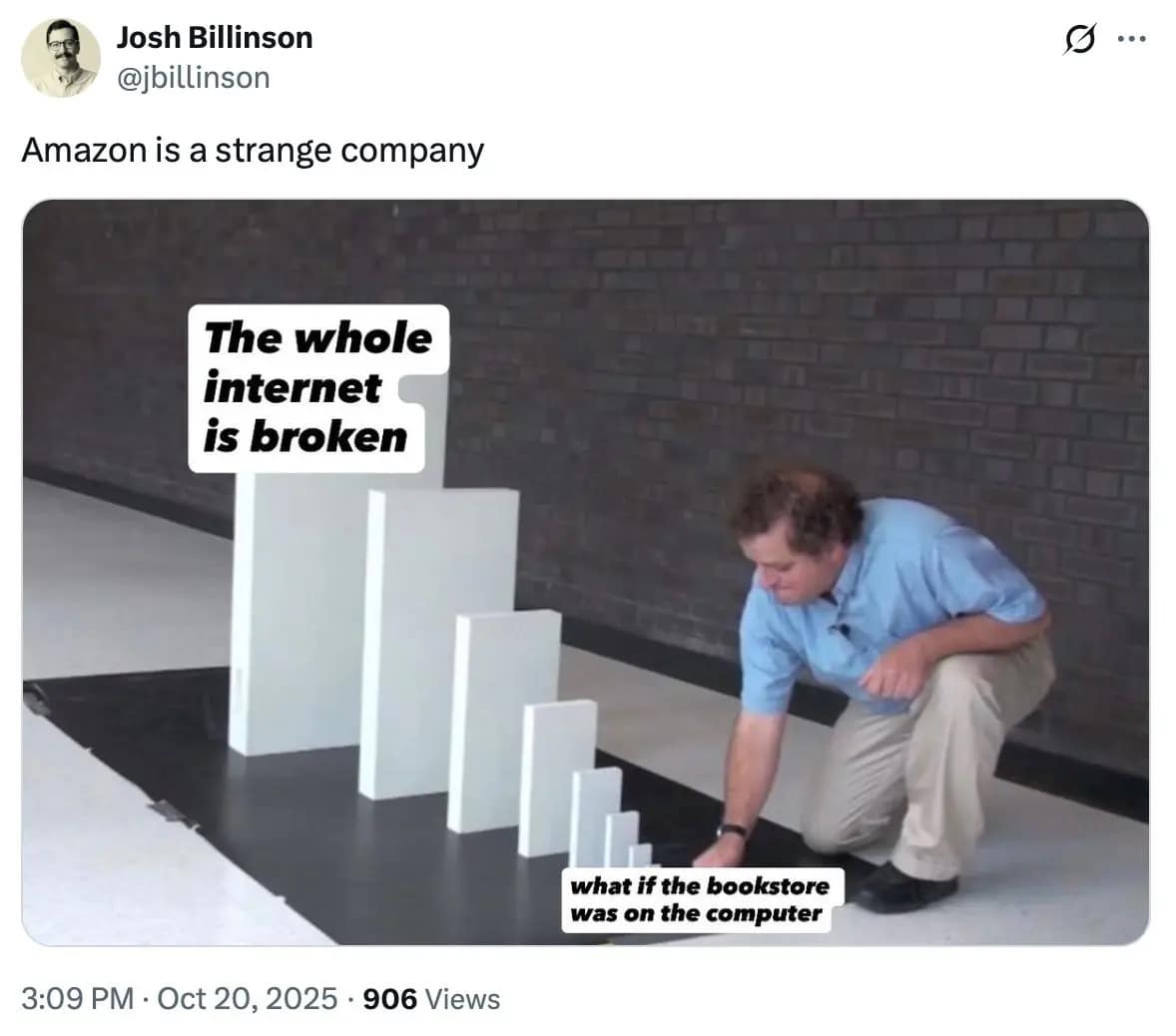 A domino effect AWS outage meme showing how Amazon's bookstore origins led to internet breakdowns