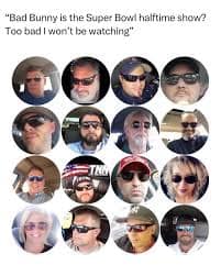 A meta bad bunny super bowl meme showing a collage of profile pictures of people who all announce they "won't be watching."