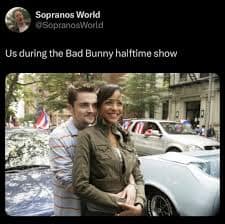 A bad bunny super bowl meme using a picture of AJ and Blanca from The Sopranos to represent a certain demographic of viewers.