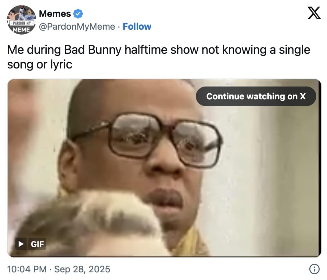 A funny bad bunny super bowl meme using a confused GIF of Jay-Z to represent not knowing any of the songs.