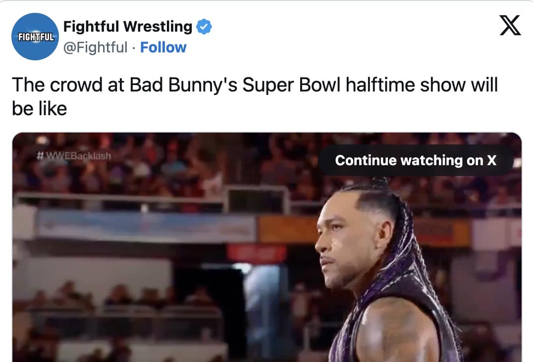 A bad bunny super bowl meme referencing his wrestling career to predict the crowd will be amazing.