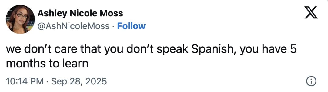 A bad bunny super bowl meme tweet clapping back at haters, saying "you have 5 months to learn" Spanish.