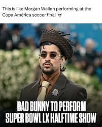A bad bunny super bowl meme that compares his performance to Morgan Wallen performing at the Copa América final.