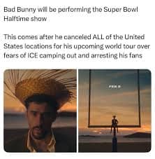 A satirical bad bunny super bowl meme with a fake news story about why he canceled his tour.