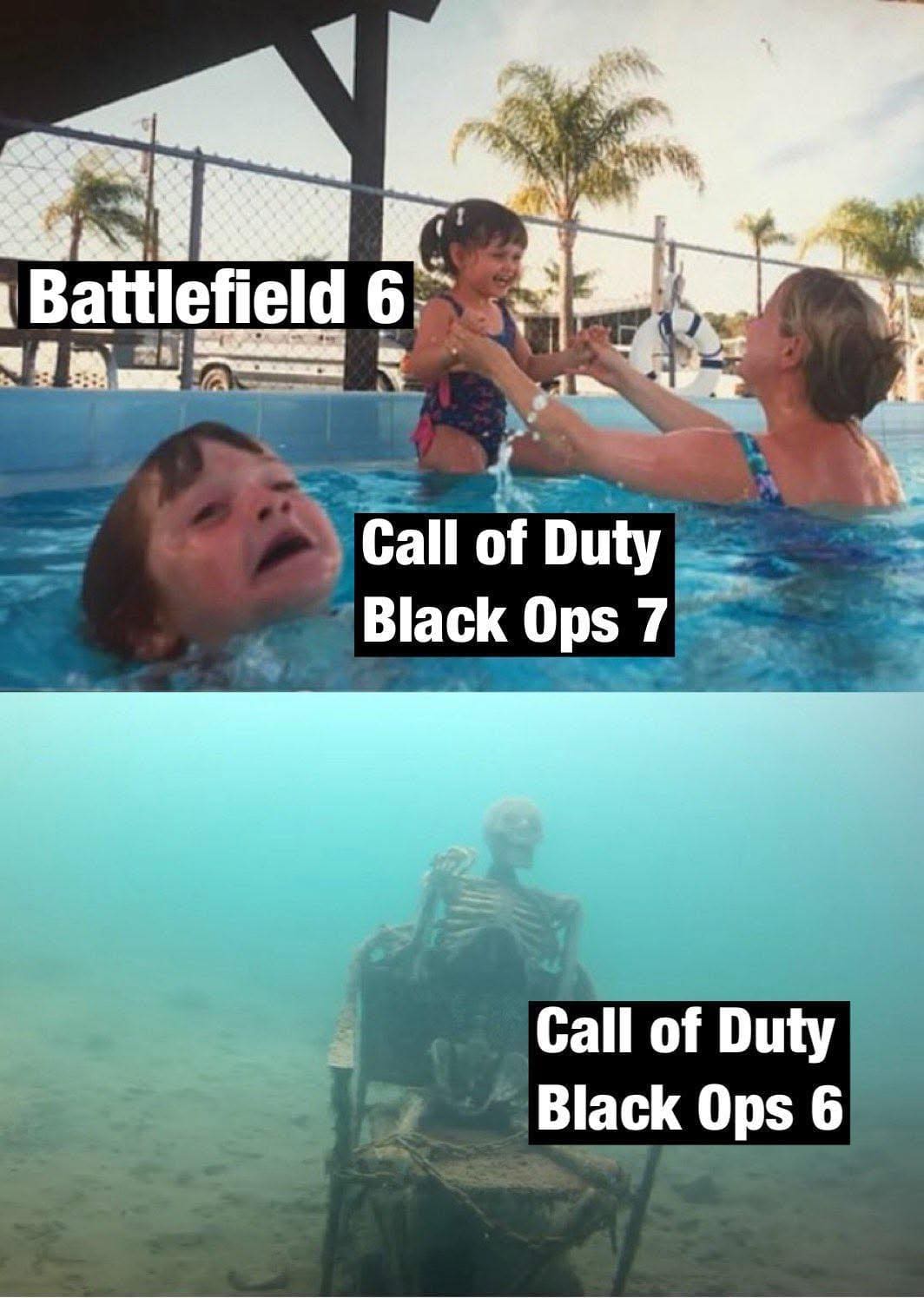A funny Battlefield 6 meme using the "drowning kid" format to show the gaming community favoring Battlefield over Call of Duty.