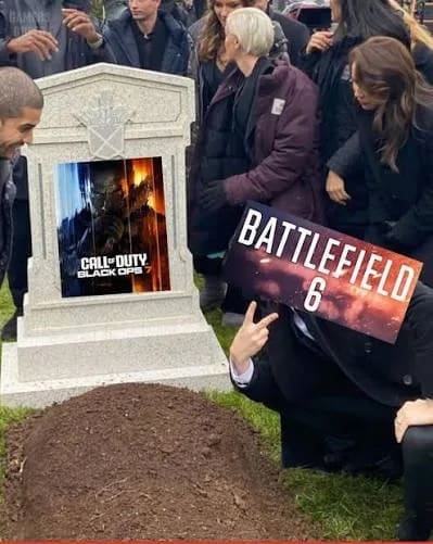 A savage Battlefield 6 meme showing the game "dancing on the grave" of its rival, Call of Duty.