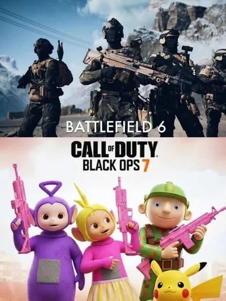 A Battlefield 6 meme roasting Call of Duty by comparing its colorful skins to Teletubbies with guns.