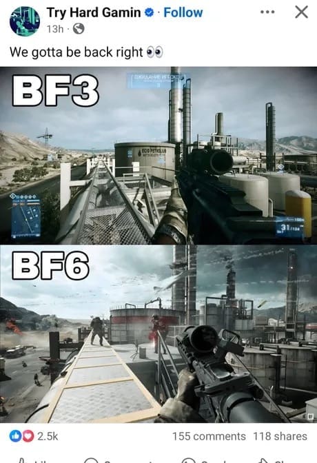 A nostalgic Battlefield 6 meme comparing the graphics of the new game to the beloved classic, Battlefield 3.
