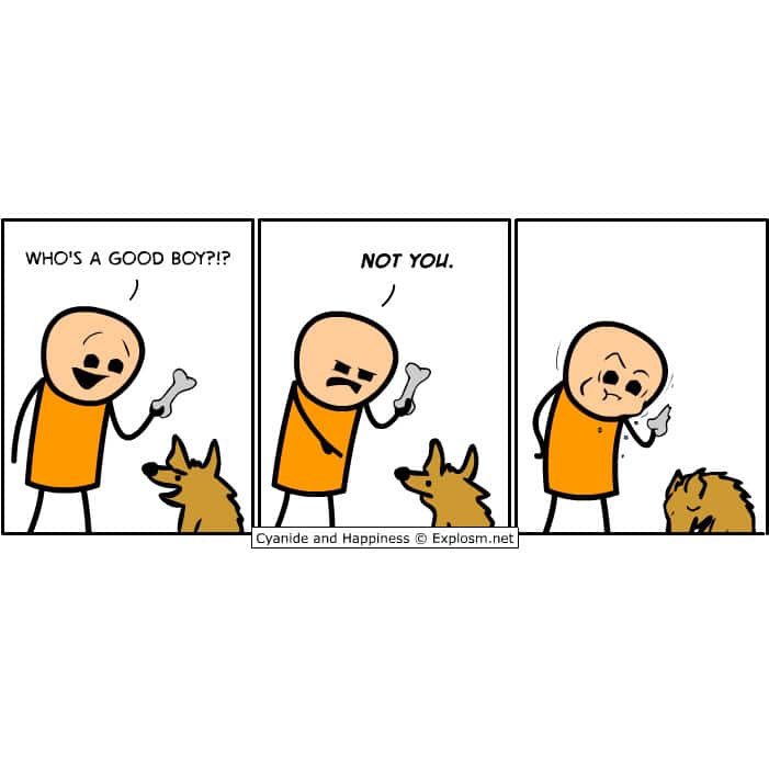 A very dark Cyanide and Happiness comic where a man tells his seemingly dead dog that he's not a good boy.
