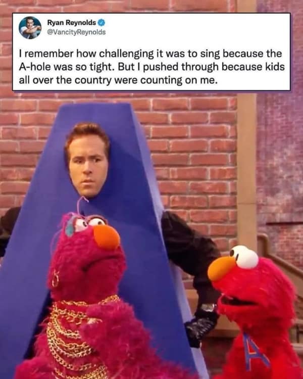 Ryan Reynolds tweet recalling the challenge of singing inside a tight 'A' costume on Sesame Street.