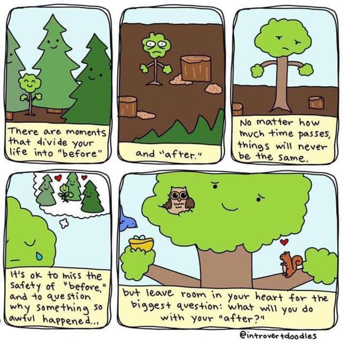 A wholesome comic about a tree coping with loss, used as a metaphor for healing after being cheated on.