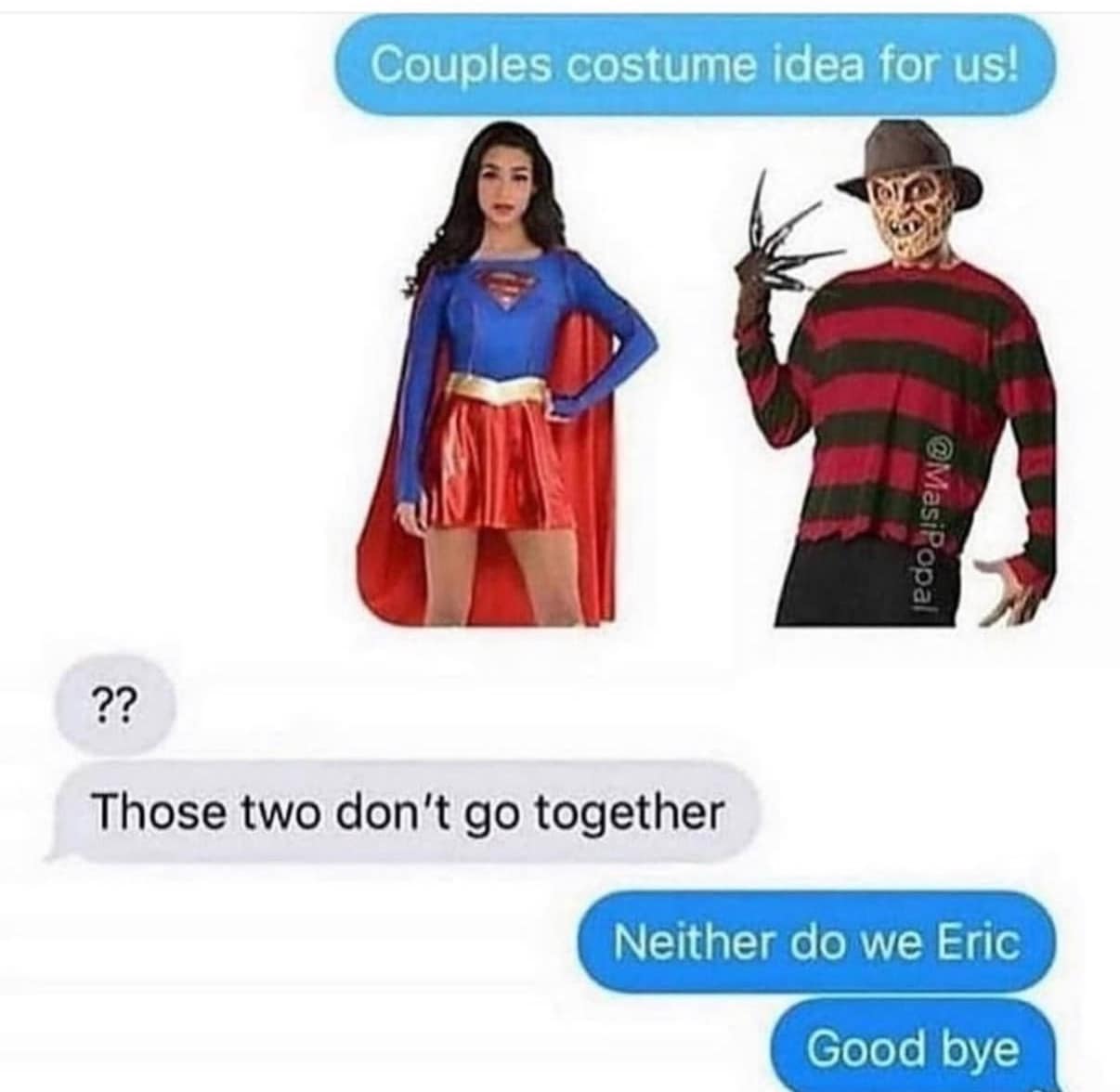 A savage classic meme showing someone breaking up with their boyfriend over a Halloween costume idea.