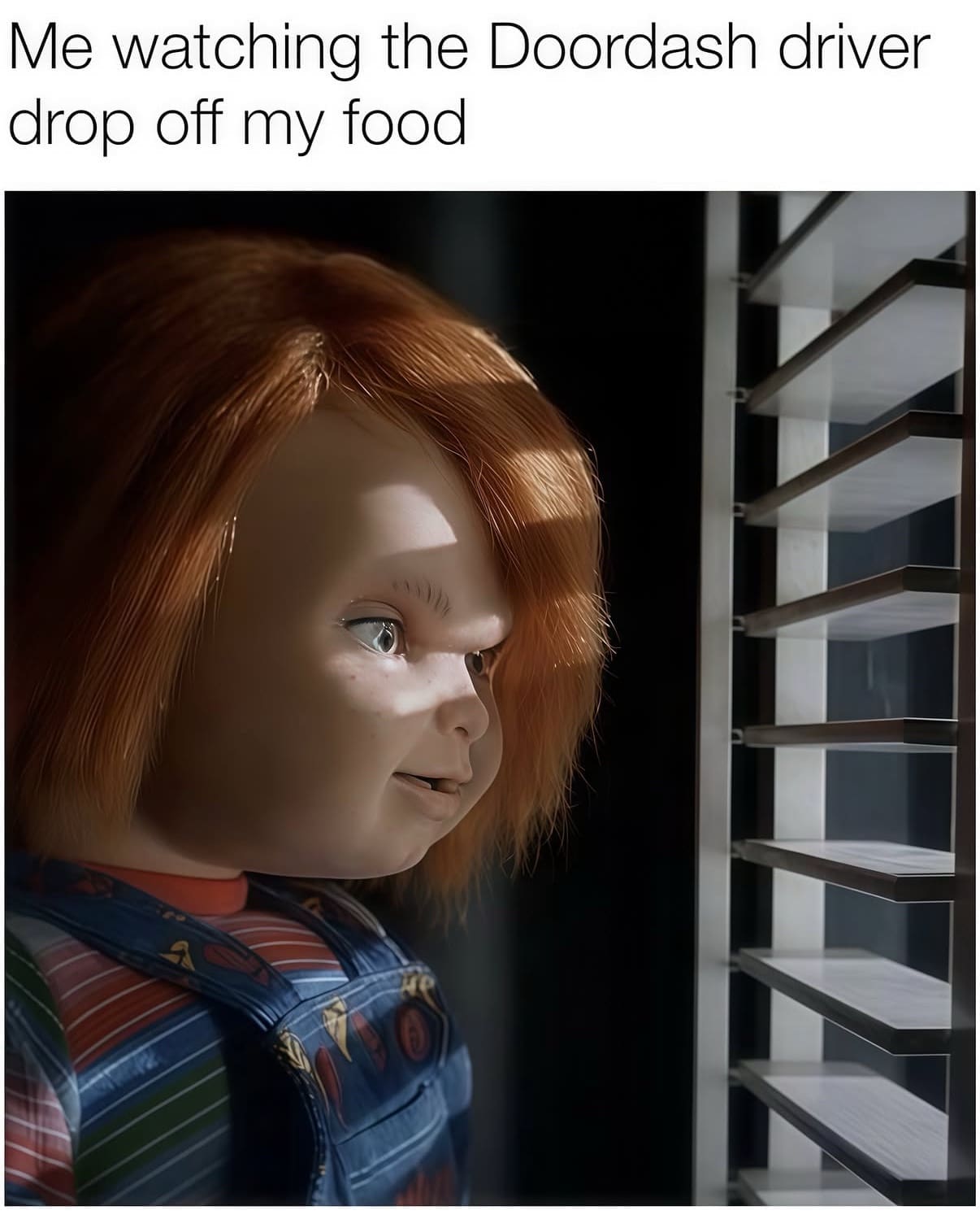 A spooky classic meme using Chucky to show how introverts watch for DoorDash delivery on Halloween