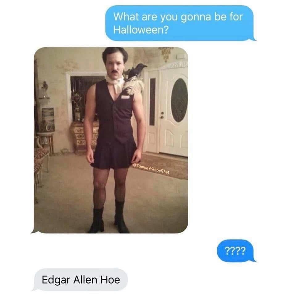 A hilarious classic meme showing an "Edgar Allen Hoe" Halloween costume pun text message.