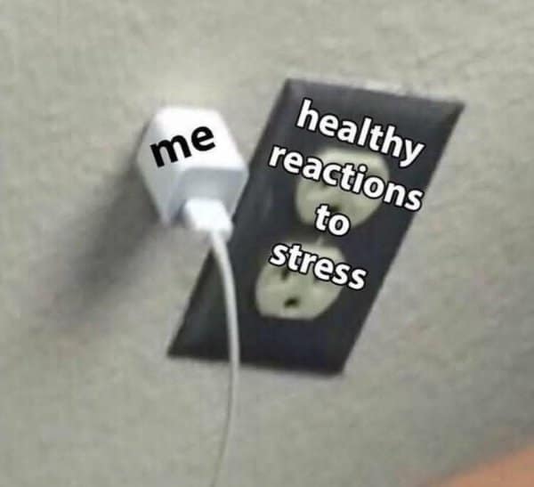 An old meme showing a plug that can't fit into an outlet, representing a person's disconnect from healthy reactions to stress