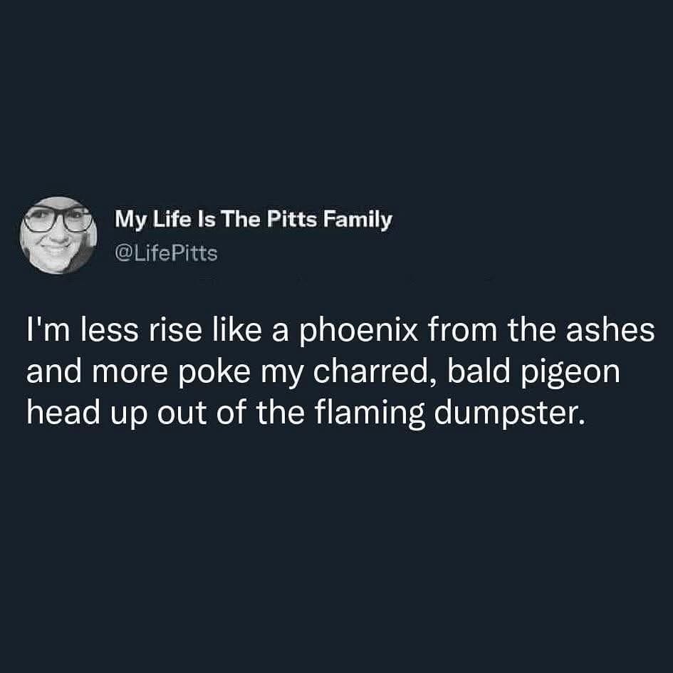 A classic meme viral tweet describing resilience as a "charred, bald pigeon" in a dumpster.
