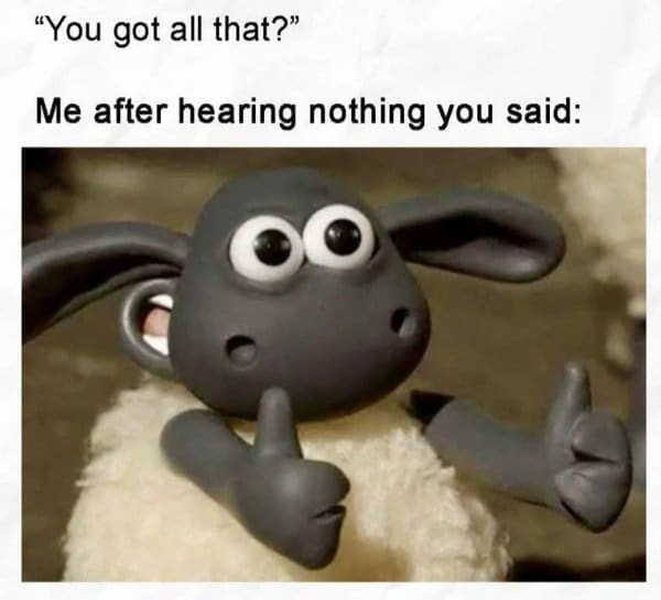 The Shaun the Sheep thumbs-up classic meme for pretending you were paying attention to someone