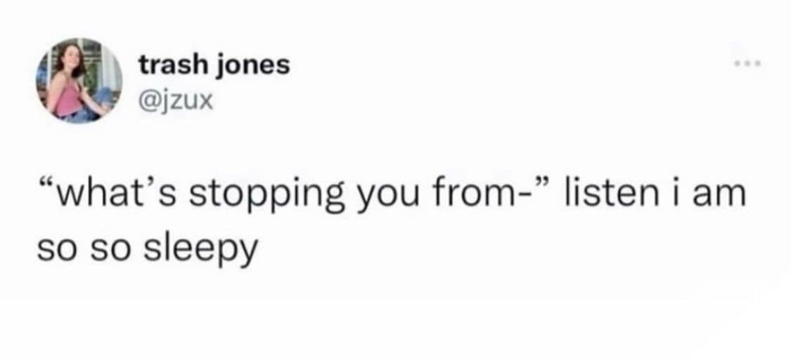A classic meme of a viral tweet that gives the most relatable reason for not achieving your goals: "i am so so sleepy."