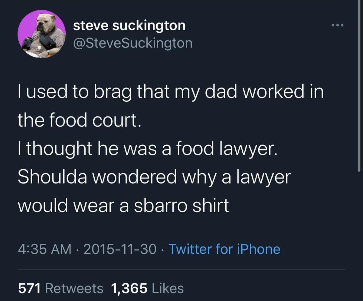 A classic meme of a viral tweet telling a hilarious childhood story about a "food lawyer."