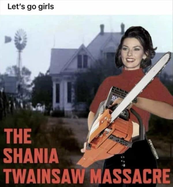 A classic meme pun for Halloween: "The Shania Twainsaw Massacre" with Shania Twain holding a chainsaw
