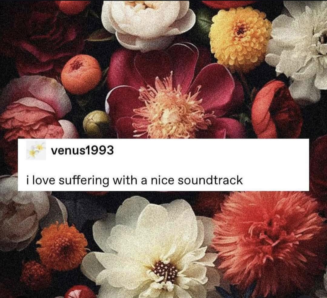 A classic meme with a poetic quote about enjoying suffering with a good soundtrack.