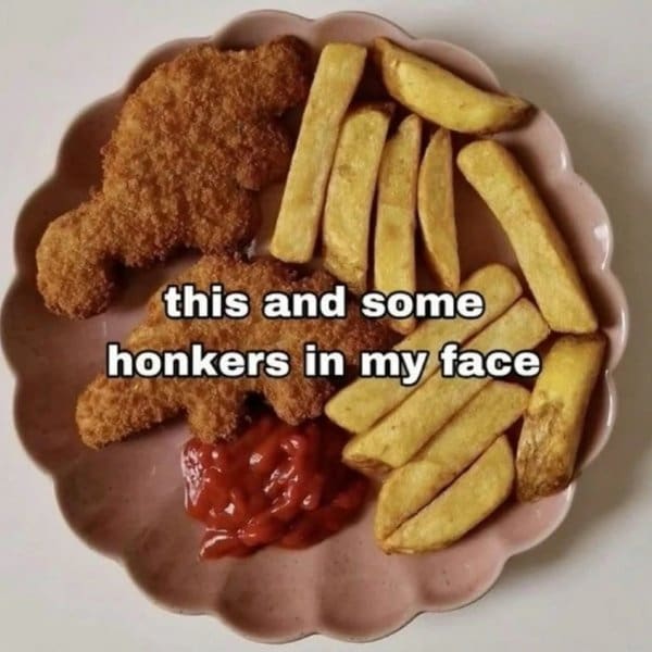 This classic meme shows a plate of dino nuggets and fries representing the peak of simple pleasures