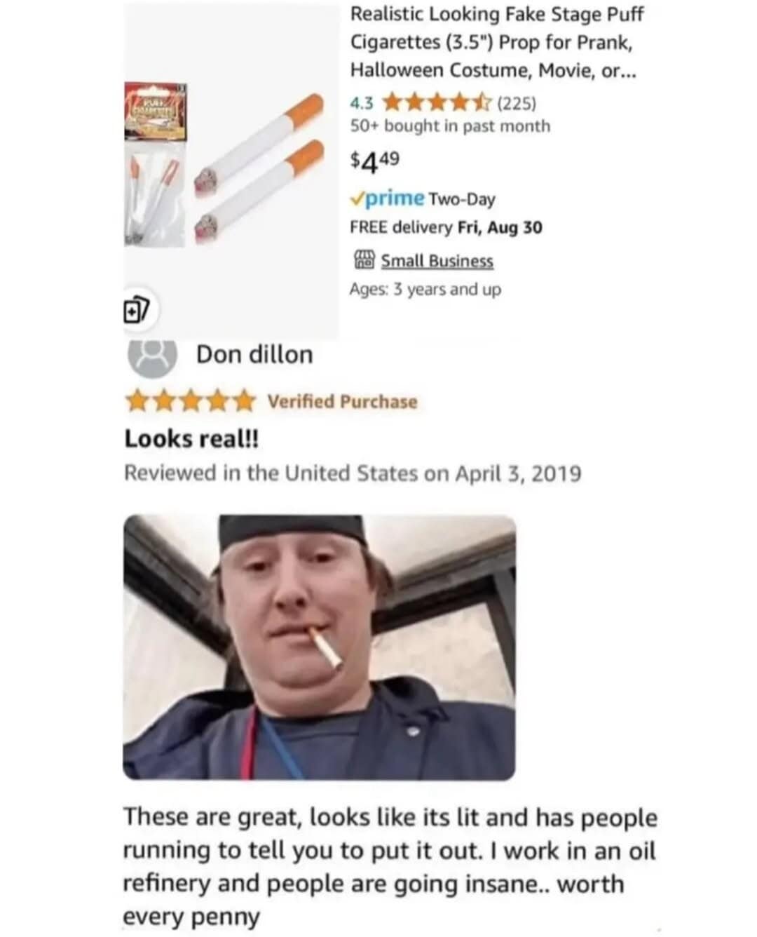 A classic meme of a hilarious Amazon review for fake cigarettes from a man who uses them to cause chaos at his job.