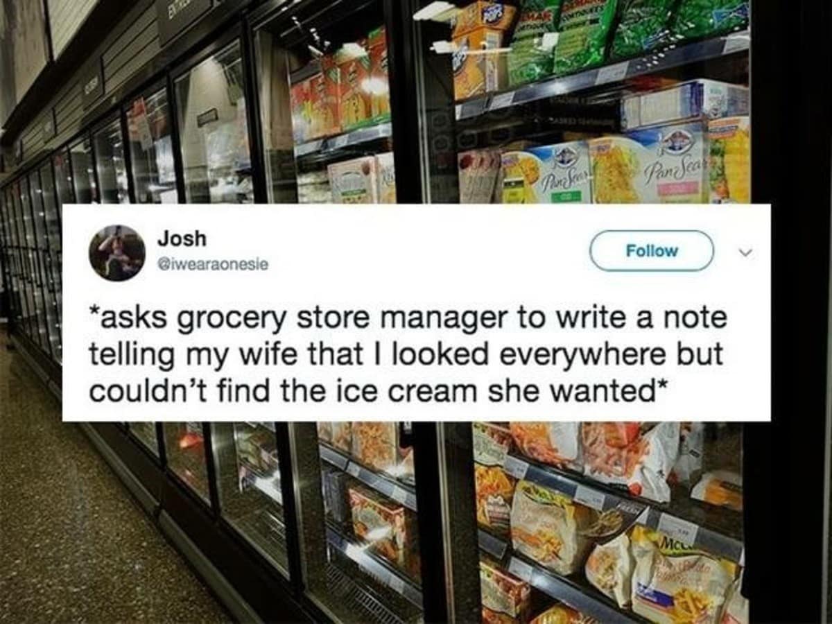 Funny classic meme tweet about asking a grocery store manager for an excuse note about missing ice cream