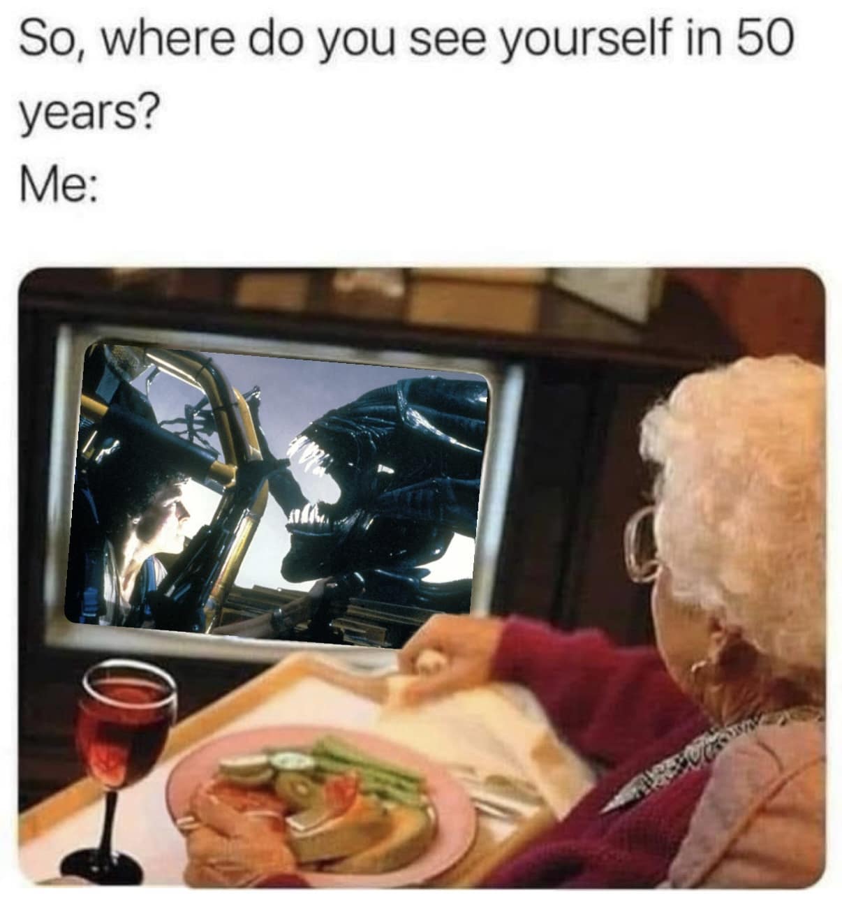 A classic meme showing an elderly woman watching 'Alien,' predicting the future for sci-fi horror fans.