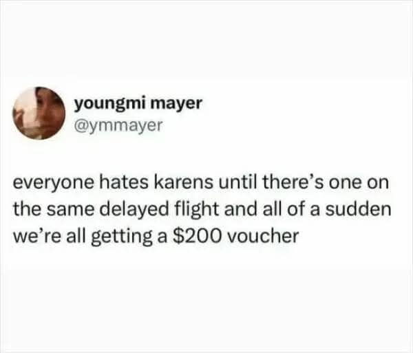 A classic meme viral tweet explaining the ironic usefulness of "Karens" during flight delays