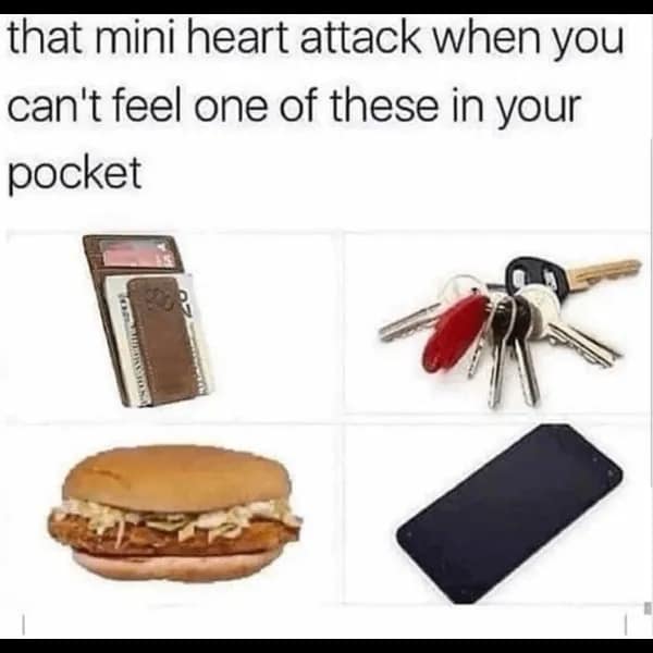 A funny classic meme showing wallet, keys, phone, and a chicken sandwich as essential pocket items.