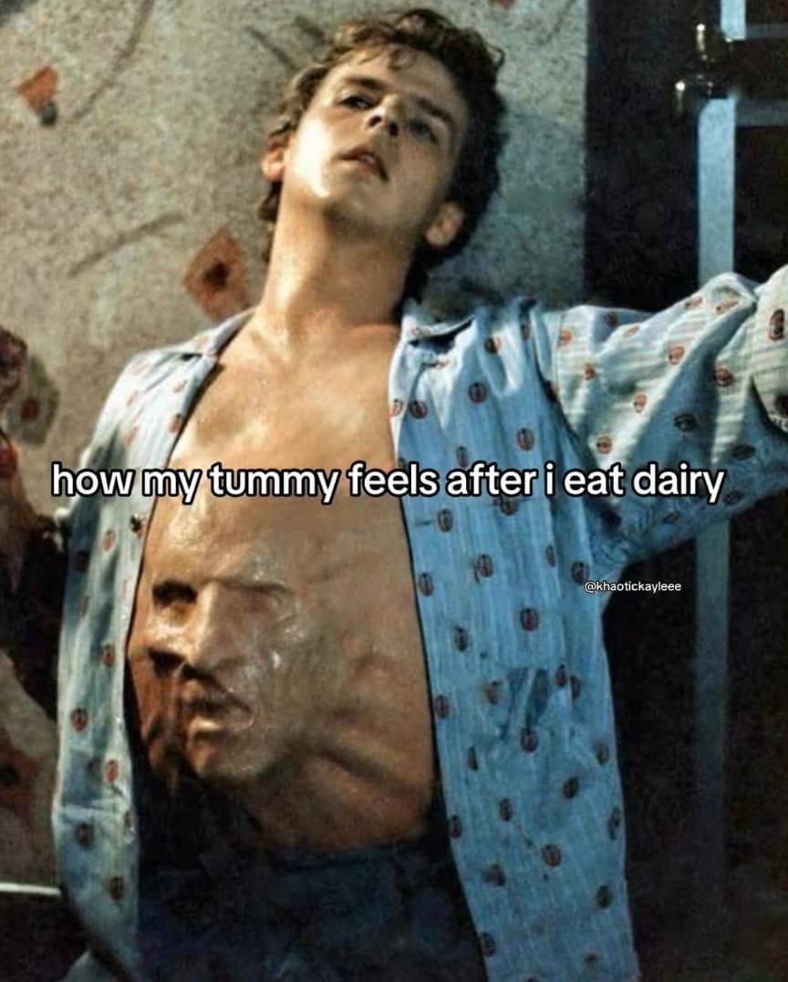 A spooky season classic meme using 'Nightmare on Elm Street 3' to describe lactose intolerance pain.