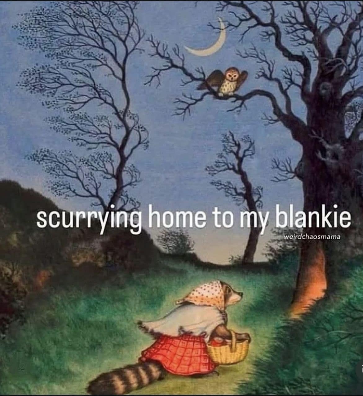 A classic meme of a cozy raccoon character "scurrying home to my blankie."