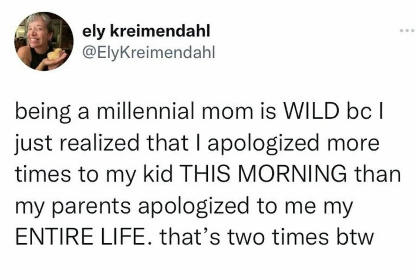 A classic meme tweet comparing millennial parenting apologies to previous generations.